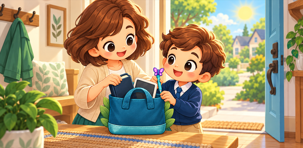 A child and trusted grown-up prepare a short-handled ministry bag together